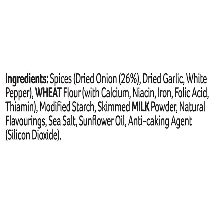 A list of ingredients for Ds Onion Sauce including spices like dried onion and garlic along with wheat flour and skimmed milk powder.