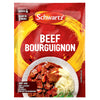A packet of Schwartz Sa Beef Bourguignon recipe mix featuring a serving suggestion of rich beef stew alongside creamy mashed potatoes and green beans.