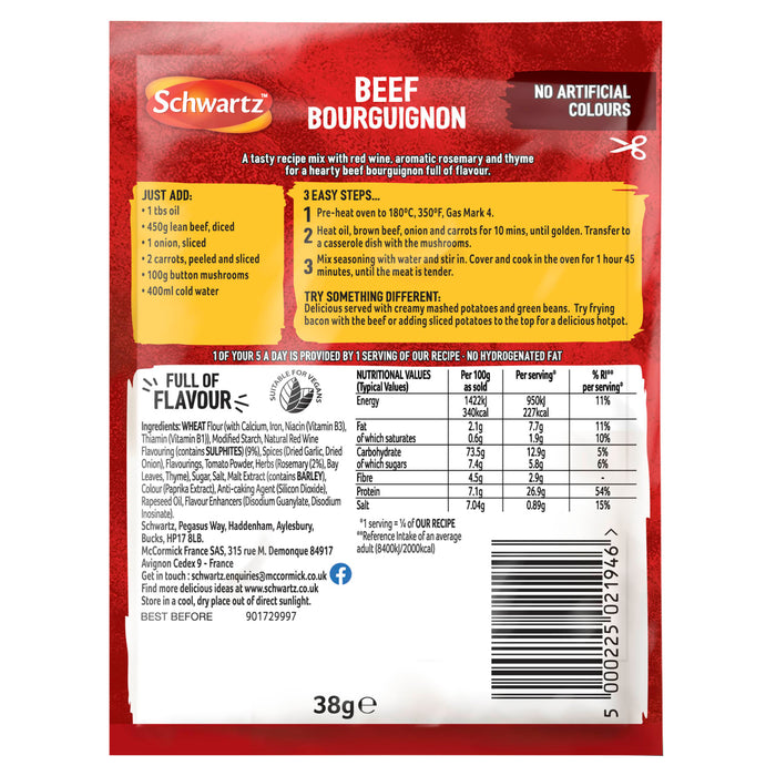 The back of a Schwartz Sa Beef Bourguignon recipe mix packet provides detailed cooking instructions and nutritional information for a hearty meal.