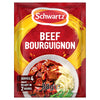 A 38g packet of Schwartz Sa Beef Bourguignon recipe mix featuring a serving suggestion of the rich beef stew alongside creamy mashed potatoes and green beans.