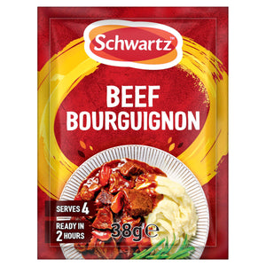 A 38g packet of Schwartz Sa Beef Bourguignon recipe mix featuring a serving suggestion of the rich beef stew alongside creamy mashed potatoes and green beans.