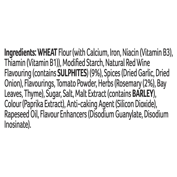A detailed list of ingredients for Sa Beef Bourguignon including wheat flour, natural red wine flavoring with sulphites, and malt extract with barley.