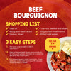 This infographic provides a shopping list and three easy steps for preparing a meal with Sa Beef Bourguignon, featuring a prep time of 2 hours and serving 4 people.