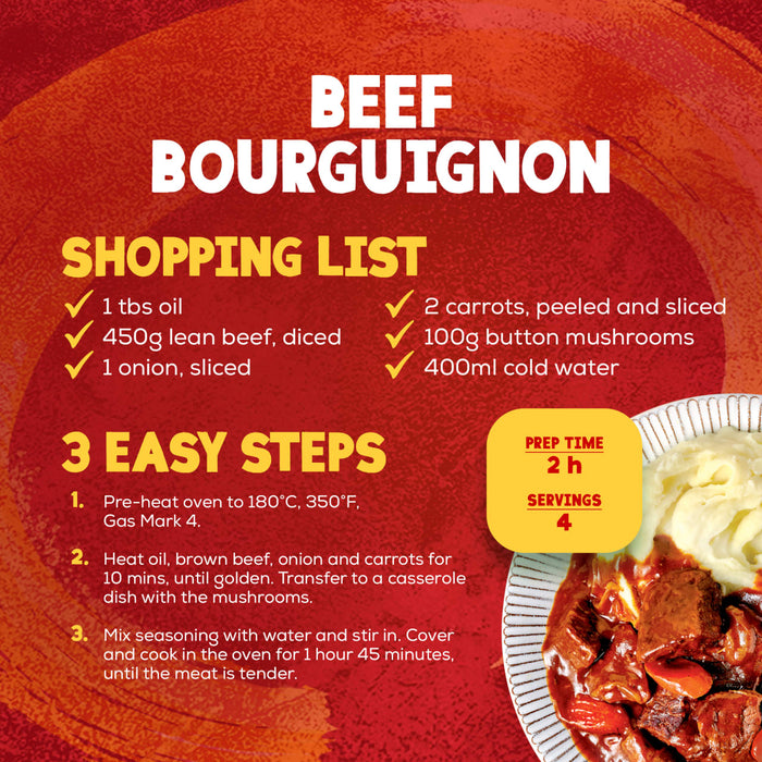 This infographic provides a shopping list and three easy steps for preparing a meal with Sa Beef Bourguignon, featuring a prep time of 2 hours and serving 4 people.