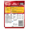 The back of a red and yellow packet of Schwartz Sa Beef Stroganoff recipe mix provides detailed cooking instructions, a list of required ingredients, and a full nutritional information table.
