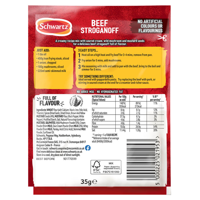 The back of a red and yellow packet of Schwartz Sa Beef Stroganoff recipe mix provides detailed cooking instructions, a list of required ingredients, and a full nutritional information table.