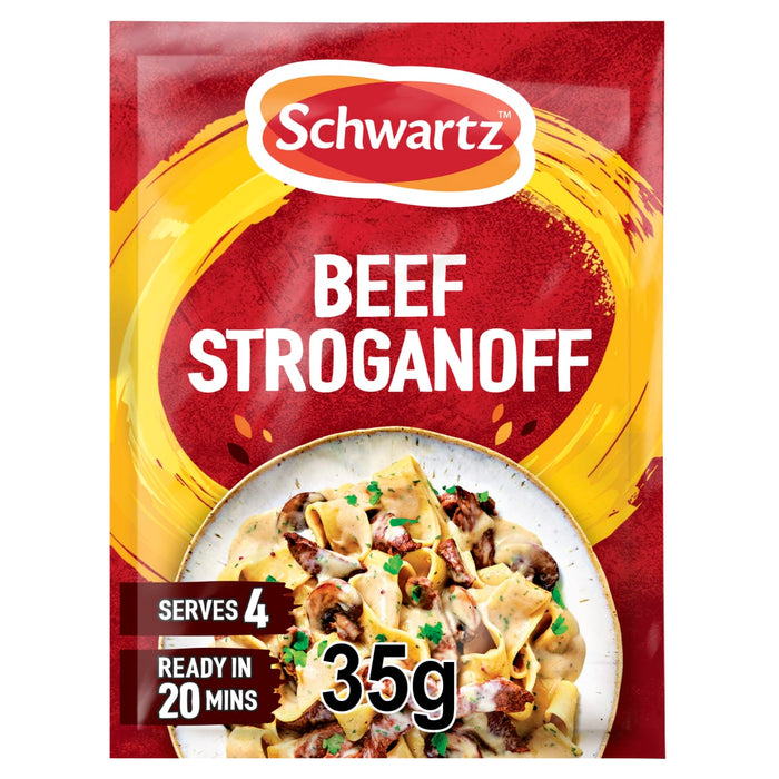 A 35g packet of Schwartz Sa Beef Stroganoff seasoning mix that serves four people and is ready in 20 minutes.