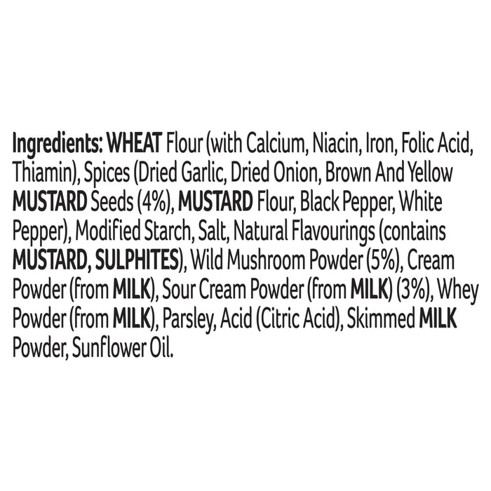The ingredient list for Sa Beef Stroganoff includes wheat flour, various spices, mustard seeds, wild mushroom powder, and milk-based ingredients like cream and sour cream powder.
