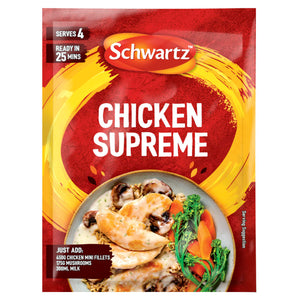 A recyclable packet of Schwartz Sa Chicken Supreme recipe mix that serves four people and is ready in twenty-five minutes.