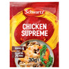 A 30g packet of Schwartz Sa Chicken Supreme seasoning mix featuring a prepared dish of creamy chicken with mushrooms and vegetables over rice.