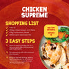 An infographic for Sa Chicken Supreme featuring a shopping list and three easy cooking steps alongside a prepared dish of chicken and mushrooms in a creamy sauce.