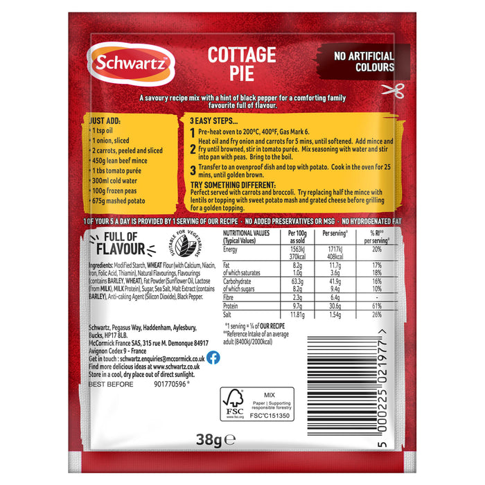 The front and back of a Schwartz Sa Cottage Pie recipe mix packet is displayed, showing the ingredients, nutritional information, and cooking instructions.
