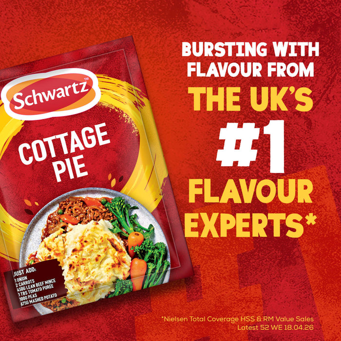 An advertisement for Schwartz Sa Cottage Pie mix shows the packet next to a finished dish, with text proclaiming it's from the UK's number one flavour experts.