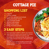 A recipe infographic for making a classic cottage pie, which can be made using a Sa Cottage Pie seasoning mix, shows the shopping list and instructions next to a plated serving of the finished dish.