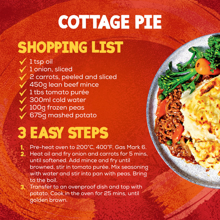 A recipe infographic for making a classic cottage pie, which can be made using a Sa Cottage Pie seasoning mix, shows the shopping list and instructions next to a plated serving of the finished dish.