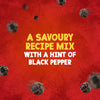 A promotional graphic for Sa Cottage Pie shows whole black peppercorns floating against a textured red background, with text describing it as a savoury recipe mix with a hint of black pepper.