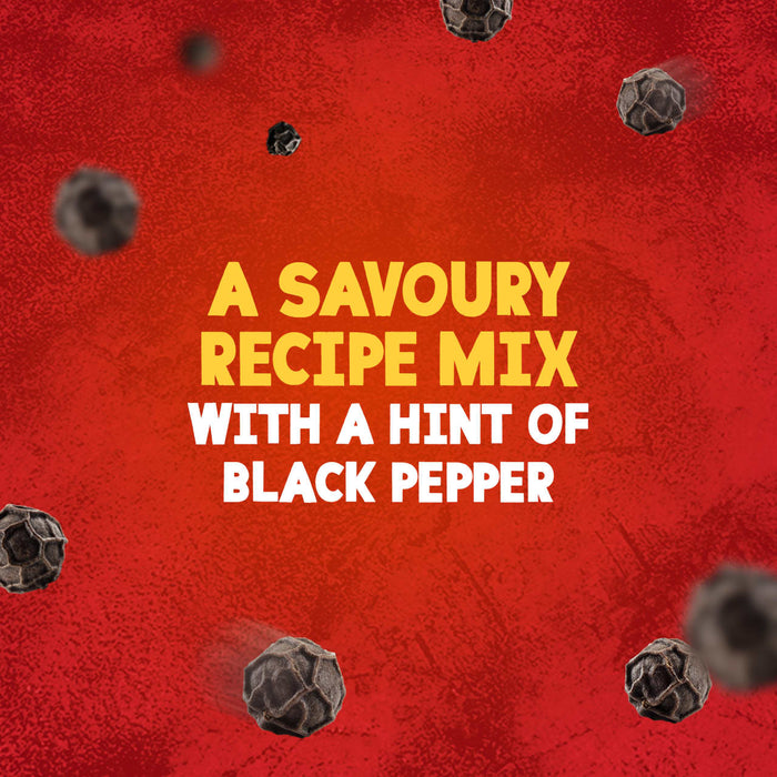 A promotional graphic for Sa Cottage Pie shows whole black peppercorns floating against a textured red background, with text describing it as a savoury recipe mix with a hint of black pepper.