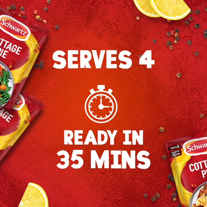 An advertisement for Schwartz Sa Cottage Pie shows packets of the mix on a red background with text that reads, Serves 4 and Ready in 35 mins.