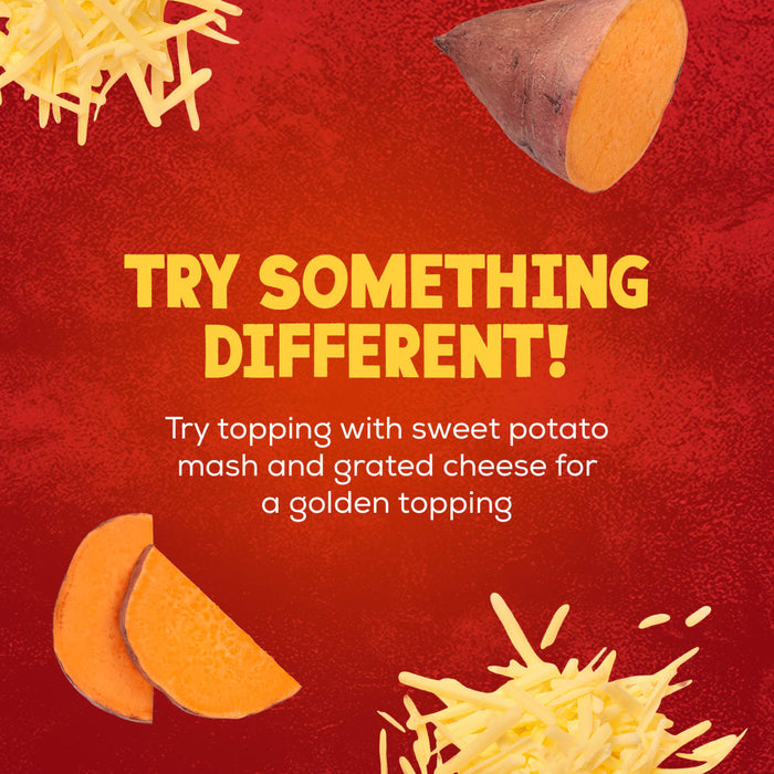 A promotional image for Sa Cottage Pie suggests trying something different by topping it with sweet potato mash and grated cheese, with the ingredients shown against a red background.