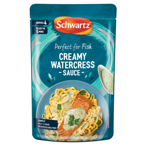 A teal microwaveable pouch of Schwartz Creamy Watercress Sauce For Fish 300G featuring a serving suggestion of salmon and pasta drizzled with the green sauce.