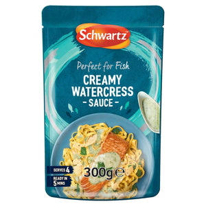 A 300g pouch of Schwartz Creamy Watercress Sauce For Fish featuring a serving suggestion of salmon and pasta drizzled with the green sauce.