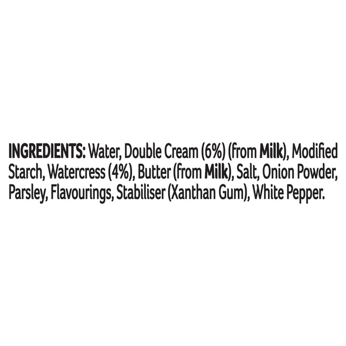 The ingredient list for Schwartz Creamy Watercress Sauce For Fish 300G includes water, double cream, modified starch, watercress, butter, salt, onion powder, parsley, flavourings, xanthan gum, and white pepper.