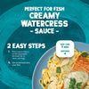 An infographic for Schwartz Creamy Watercress Sauce For Fish 300G detailing two easy steps to prepare the sauce in five minutes for four servings over a plate of salmon and pasta.