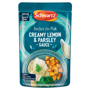 A microwaveable pouch of Schwartz Fish Lemon & Parsley Sauce 300G featuring a serving suggestion of white fish with roasted potatoes and greens.