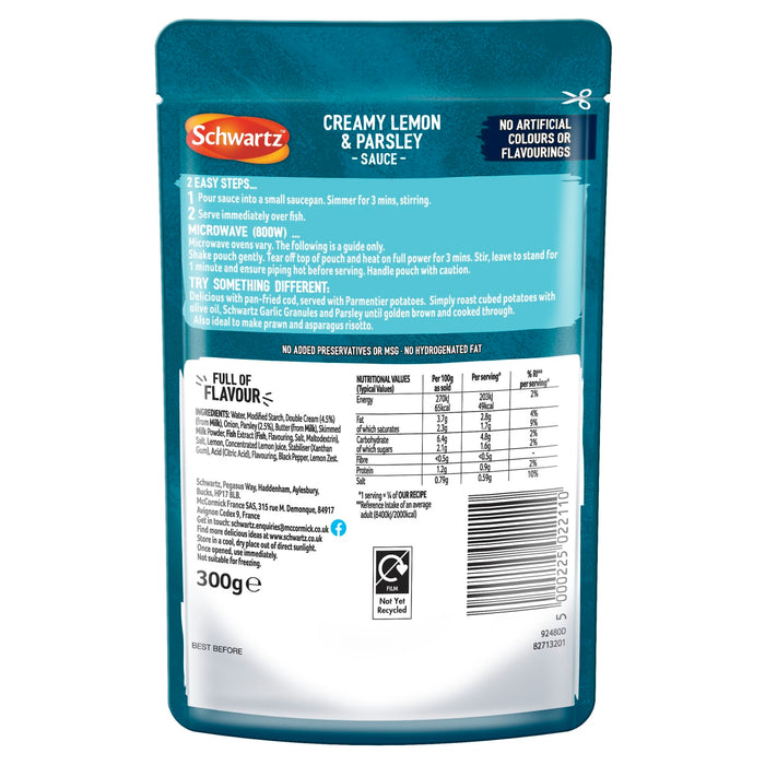 The back of a pouch of Schwartz Fish Lemon and Parsley Sauce 300G provides cooking instructions for the hob and microwave along with full nutritional values and ingredients.
