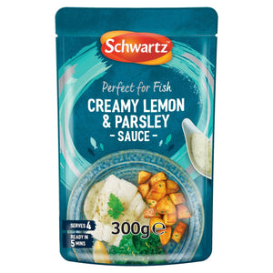 A 300g pouch of Schwartz Fish Lemon & Parsley Sauce 300G featuring a serving suggestion of white fish with roasted potatoes and greens.