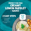 An infographic for Schwartz Fish Lemon & Parsley Sauce 300G detailing a two-step preparation process that takes five minutes to serve four people over a plate of white fish and roasted potatoes.
