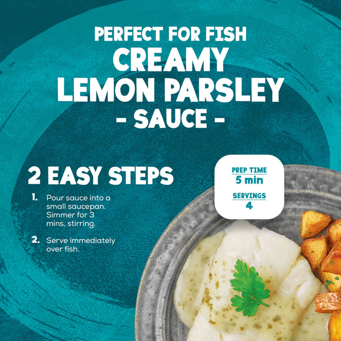 An infographic for Schwartz Fish Lemon & Parsley Sauce 300G detailing a two-step preparation process that takes five minutes to serve four people over a plate of white fish and roasted potatoes.