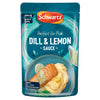 A microwaveable pouch of Schwartz For Fish Dill & Lemon Sauce 300 featuring a serving suggestion of salmon and mashed potatoes.