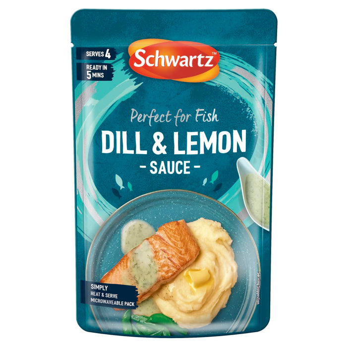 A microwaveable pouch of Schwartz For Fish Dill & Lemon Sauce 300 featuring a serving suggestion of salmon and mashed potatoes.