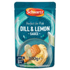 A 300g pouch of Schwartz For Fish Dill & Lemon Sauce 300 featuring a serving suggestion of salmon and mashed potatoes that is ready in 5 minutes.