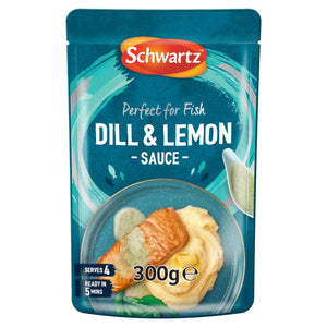 A 300g pouch of Schwartz For Fish Dill & Lemon Sauce 300 featuring a serving suggestion of salmon and mashed potatoes that is ready in 5 minutes.