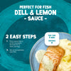An infographic for Schwartz For Fish Dill and Lemon Sauce 300g showing a two step preparation process alongside a plated meal of salmon and mashed potatoes.
