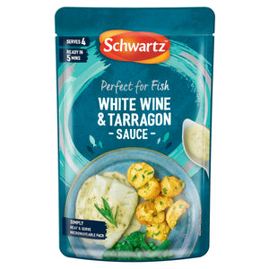A 300g microwaveable pouch of Schwartz White Wine & Tarragon Sauce For Fish 300G featuring a serving suggestion of white fish and roasted potatoes on a blue plate.