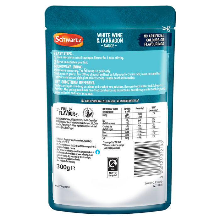 The back of a pouch of Schwartz White Wine & Tarragon Sauce For Fish 300G provides cooking instructions for the hob and microwave along with nutritional values and a full list of ingredients.