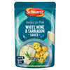 A 300g pouch of Schwartz White Wine & Tarragon Sauce For Fish 300G featuring a serving suggestion of white fish with potatoes and green vegetables.