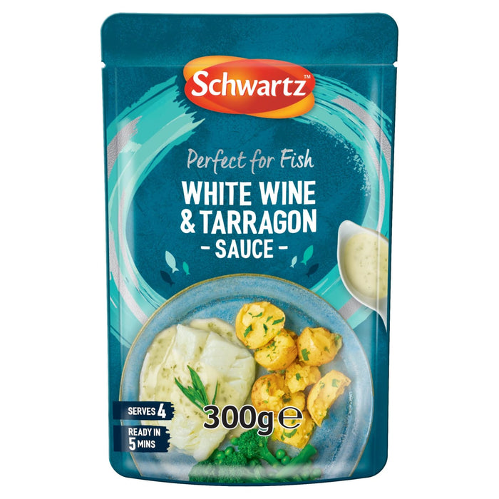 A 300g pouch of Schwartz White Wine & Tarragon Sauce For Fish 300G featuring a serving suggestion of white fish with potatoes and green vegetables.