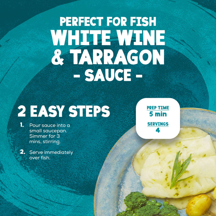 This infographic provides a simple two step preparation guide for Schwartz White Wine & Tarragon Sauce For Fish 300G alongside a serving suggestion of the sauce over white fish with broccoli and potatoes.