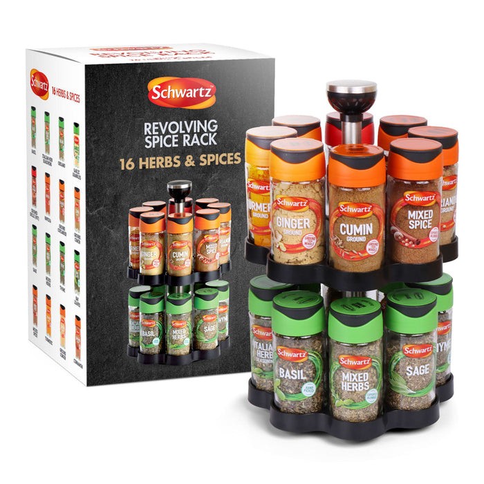 A Schwartz Spice Rack Engraved Gift Set featuring a two-tier revolving stand filled with sixteen assorted herbs and spices like ginger, cumin, and basil next to its branded packaging.
