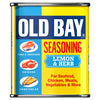 A classic yellow and blue tin of Old Bay Lemon & Herb Seasoning 75G featuring illustrations of fish, chicken, and corn to highlight its versatility for seafood and vegetables.