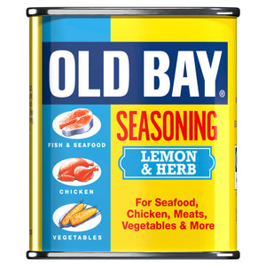 A classic yellow and blue tin of Old Bay Lemon & Herb Seasoning 75G featuring illustrations of fish, chicken, and corn to highlight its versatility for seafood and vegetables.