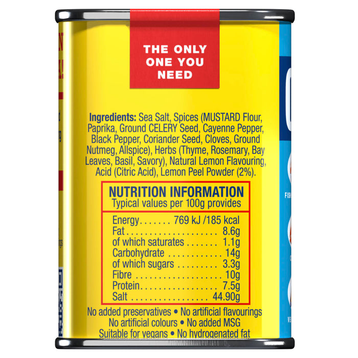 The back of a yellow tin for Old Bay Lemon & Herb Seasoning 75G displays the full list of ingredients and a nutrition information table showing typical values per 100g.