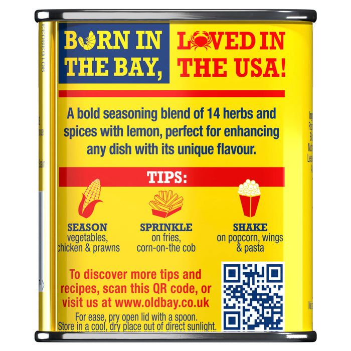 The back of a yellow tin of Old Bay Lemon & Herb Seasoning 75G features serving tips for vegetables, fries, and popcorn along with a QR code for recipes.