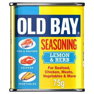 A 75g tin of Old Bay Lemon & Herb Seasoning featuring a yellow and blue label with illustrations of fish, chicken, and corn.