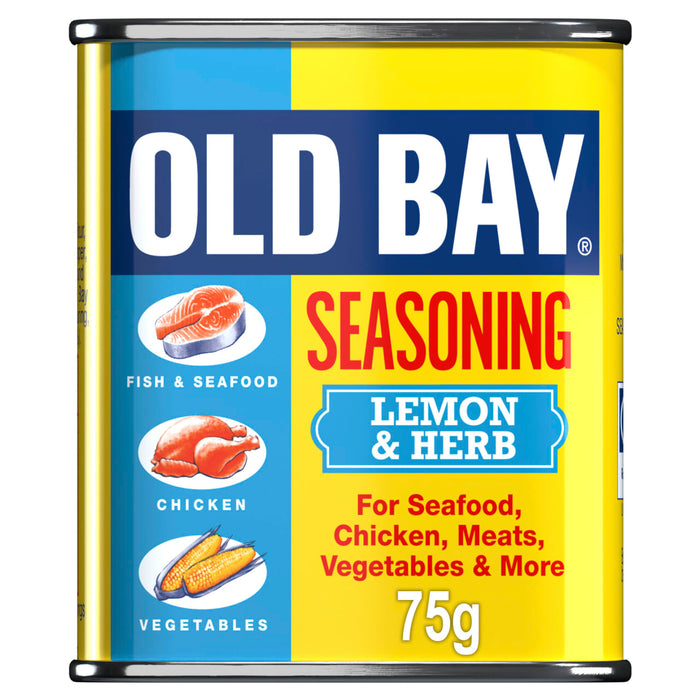 A 75g tin of Old Bay Lemon & Herb Seasoning featuring a yellow and blue label with illustrations of fish, chicken, and corn.