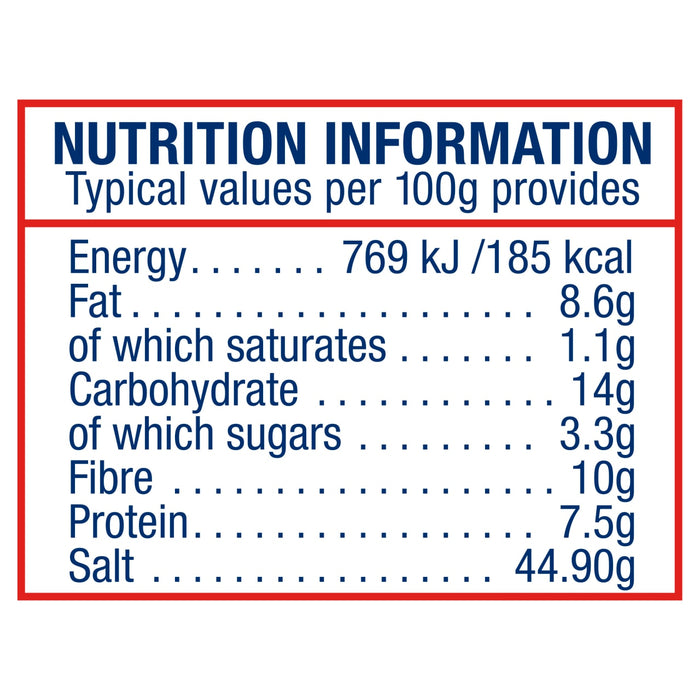 A nutrition information label for Old Bay Lemon & Herb Seasoning 75G detailing typical values per 100g including 185 calories and 44.90g of salt.